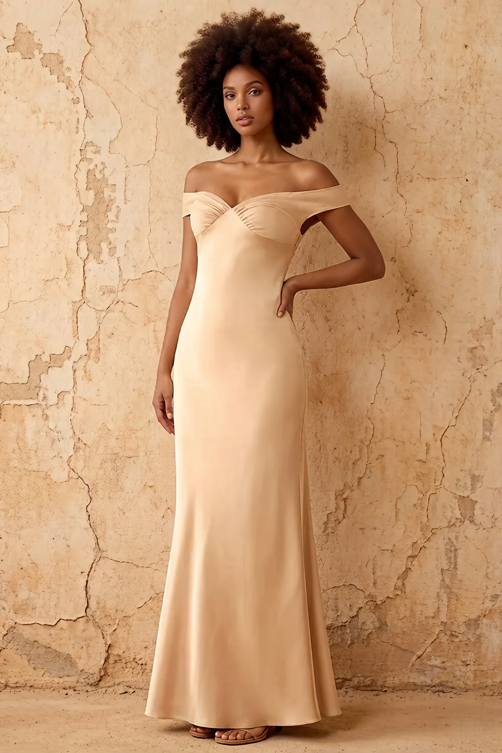 Marina Champagne Satin Off The Shoulder Maxi Dress
