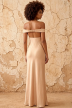 Marina Champagne Satin Off The Shoulder Maxi Dress
