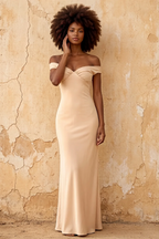 Marina Champagne Satin Off The Shoulder Maxi Dress