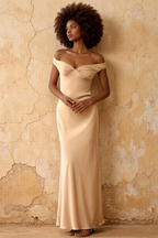 Marina Champagne Satin Off The Shoulder Maxi Dress