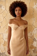 Marina Champagne Satin Off The Shoulder Maxi Dress