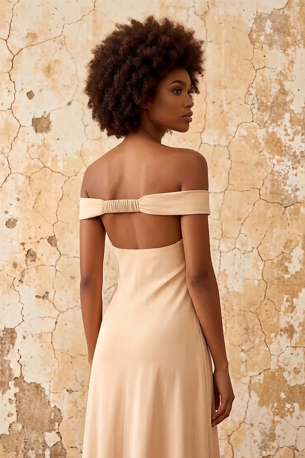 Marina Champagne Satin Off The Shoulder Maxi Dress