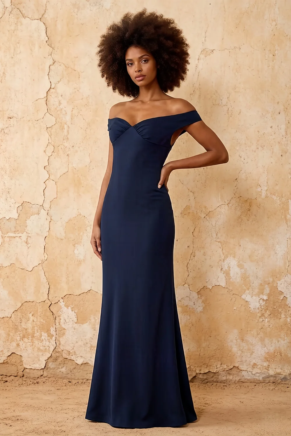 Marina Dark Navy Satin Off The Shoulder Maxi Dress