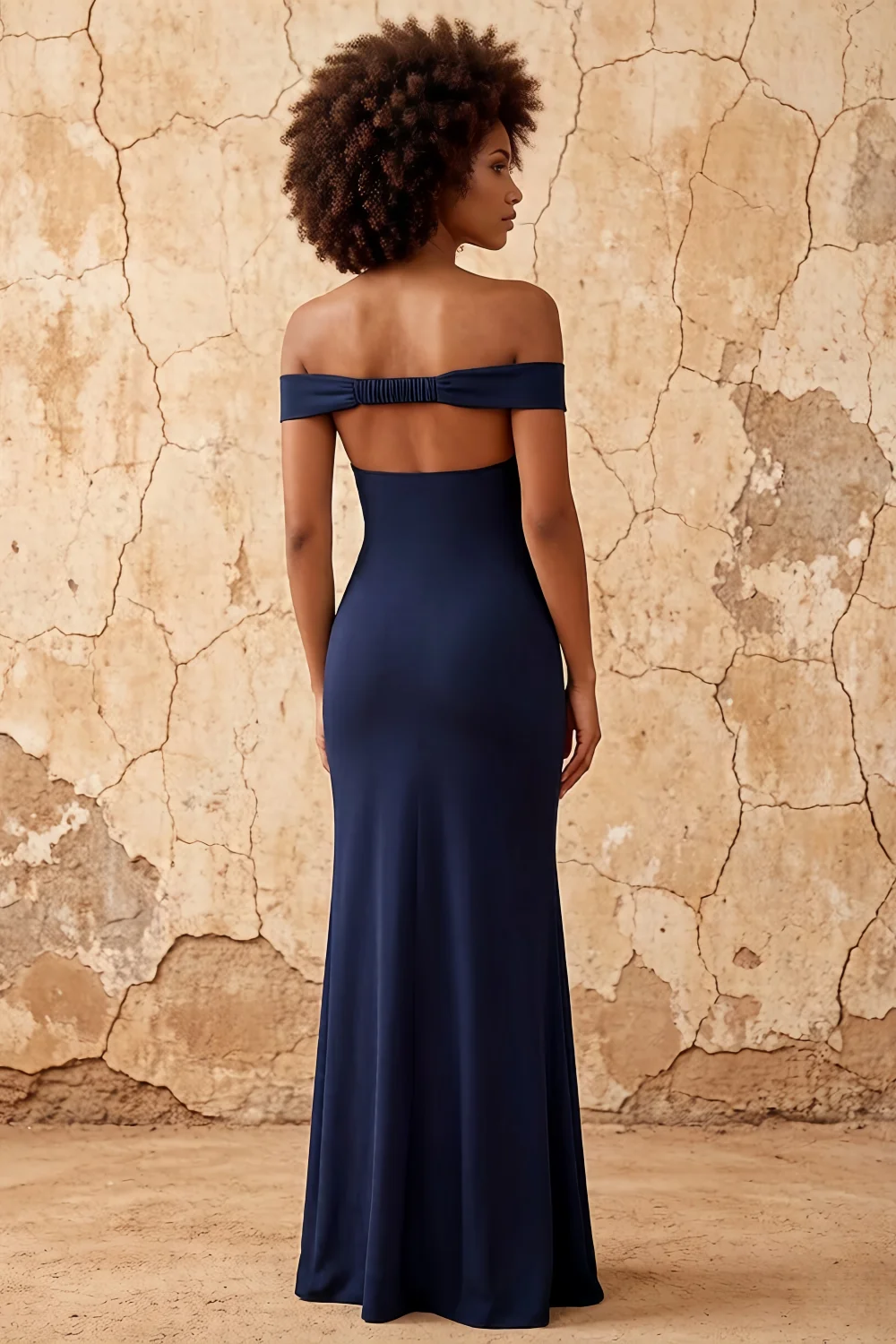 Marina Dark Navy Satin Off The Shoulder Maxi Dress
