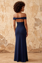Marina Dark Navy Satin Off The Shoulder Maxi Dress