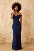 Marina Dark Navy Satin Off The Shoulder Maxi Dress