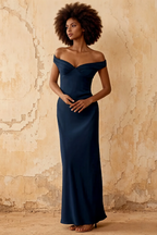 Marina Dark Navy Satin Off The Shoulder Maxi Dress