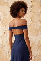 Marina Dark Navy Satin Off The Shoulder Maxi Dress