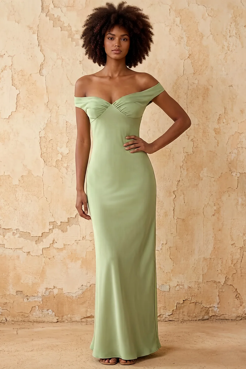 Marina Dusty Sage Satin Off The Shoulder Maxi Dress Main image