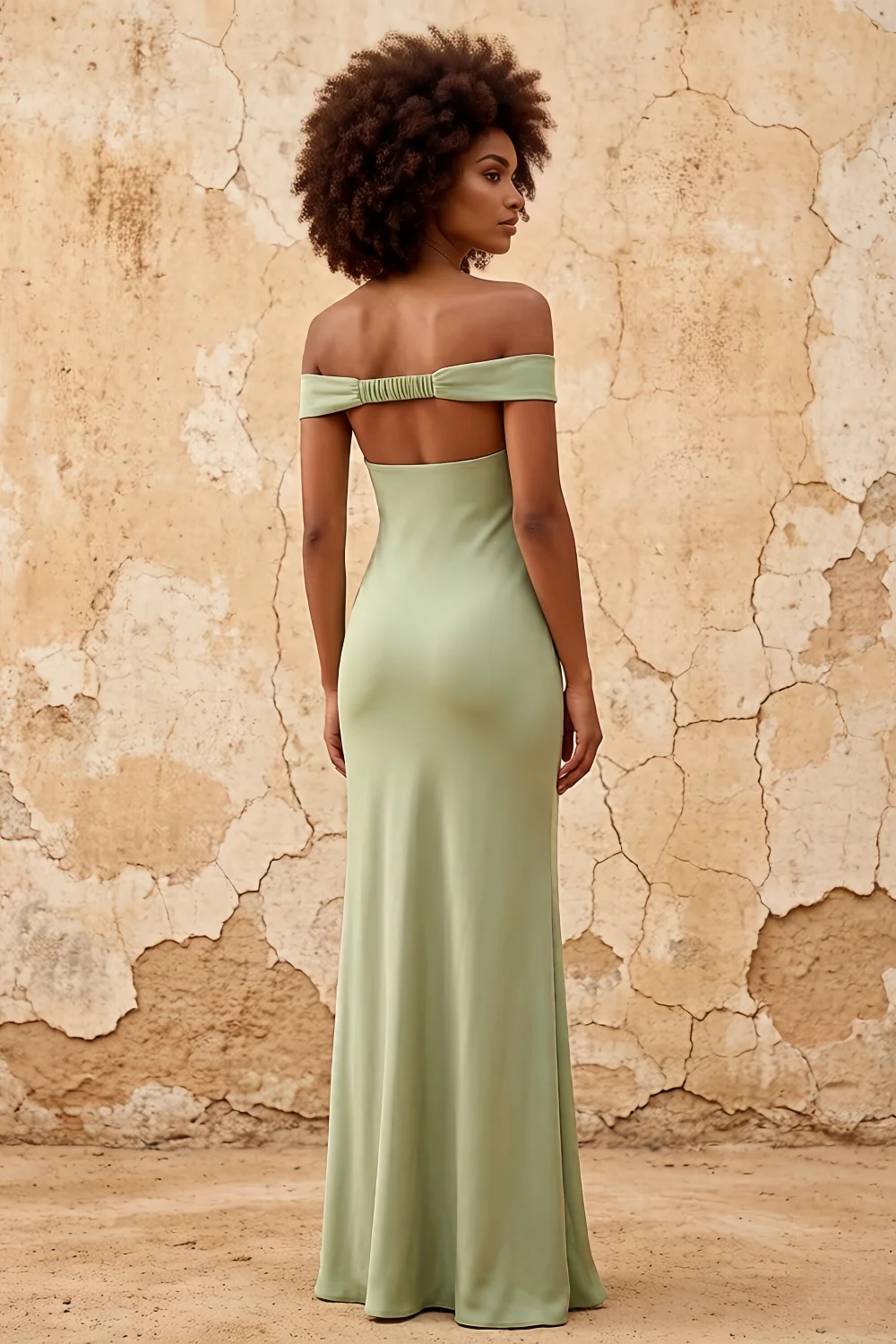 Marina Dusty Sage Satin Off The Shoulder Maxi Dress