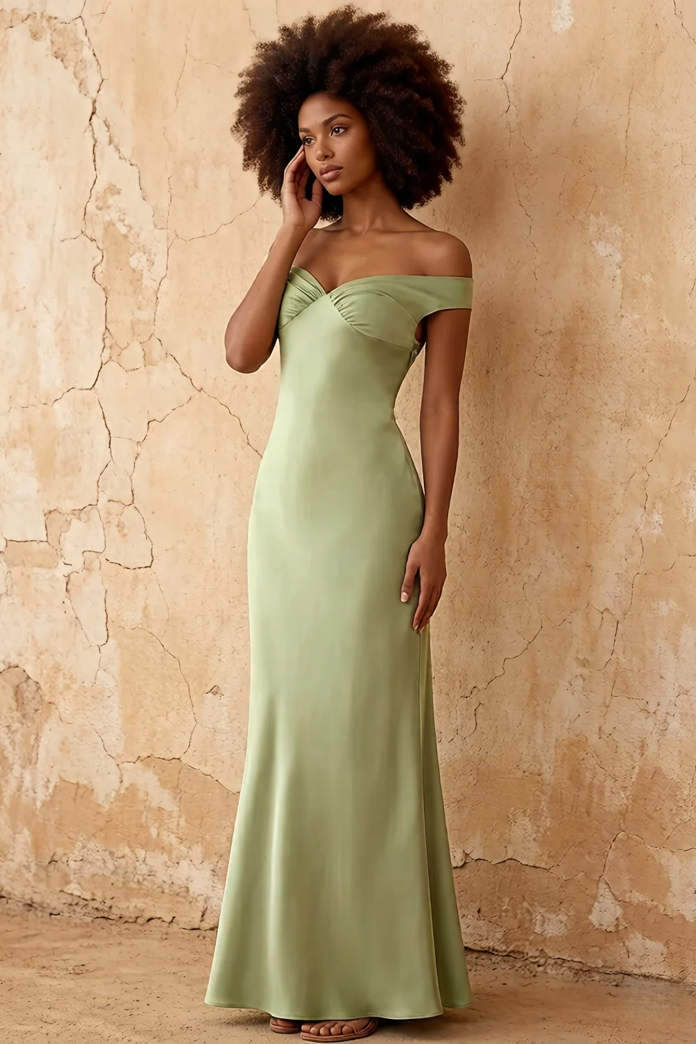 Marina Dusty Sage Satin Off The Shoulder Maxi Dress