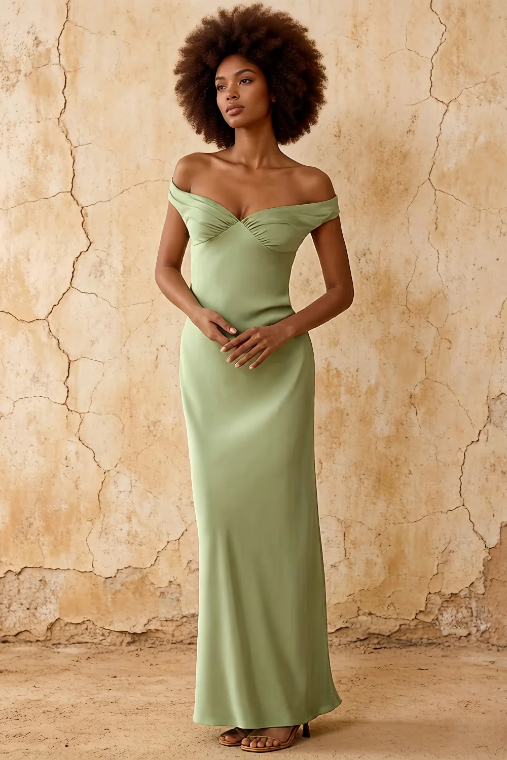 Marina Dusty Sage Satin Off The Shoulder Maxi Dress