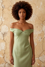 Marina Dusty Sage Satin Off The Shoulder Maxi Dress
