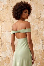 Marina Dusty Sage Satin Off The Shoulder Maxi Dress