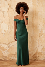 Marina Emerald Green Satin Off The Shoulder Maxi Dress