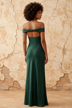 Marina Emerald Green Satin Off The Shoulder Maxi Dress