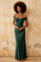 Marina Emerald Green Satin Off The Shoulder Maxi Dress