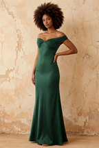 Marina Emerald Green Satin Off The Shoulder Maxi Dress