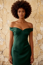 Marina Emerald Green Satin Off The Shoulder Maxi Dress
