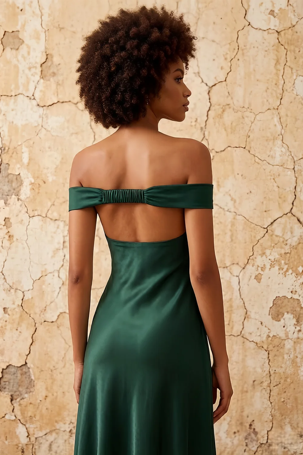 Vestido largo de satén verde esmeralda con hombros descubiertos Marina