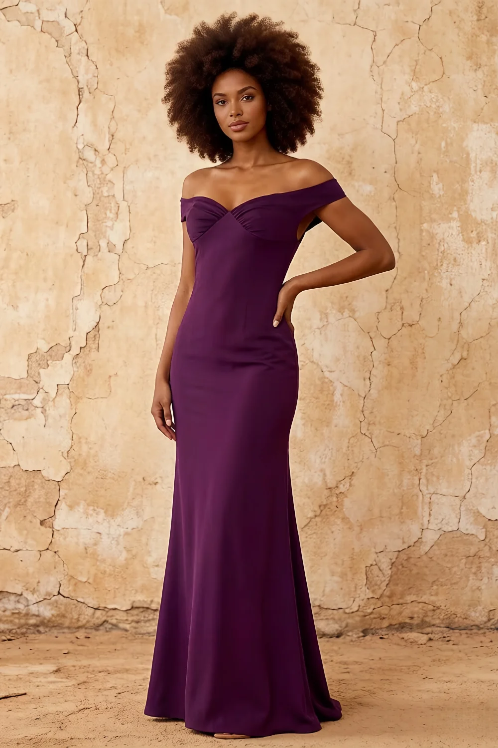 Vestido Largo Marina Color Uva Satén con Hombros Descubiertos