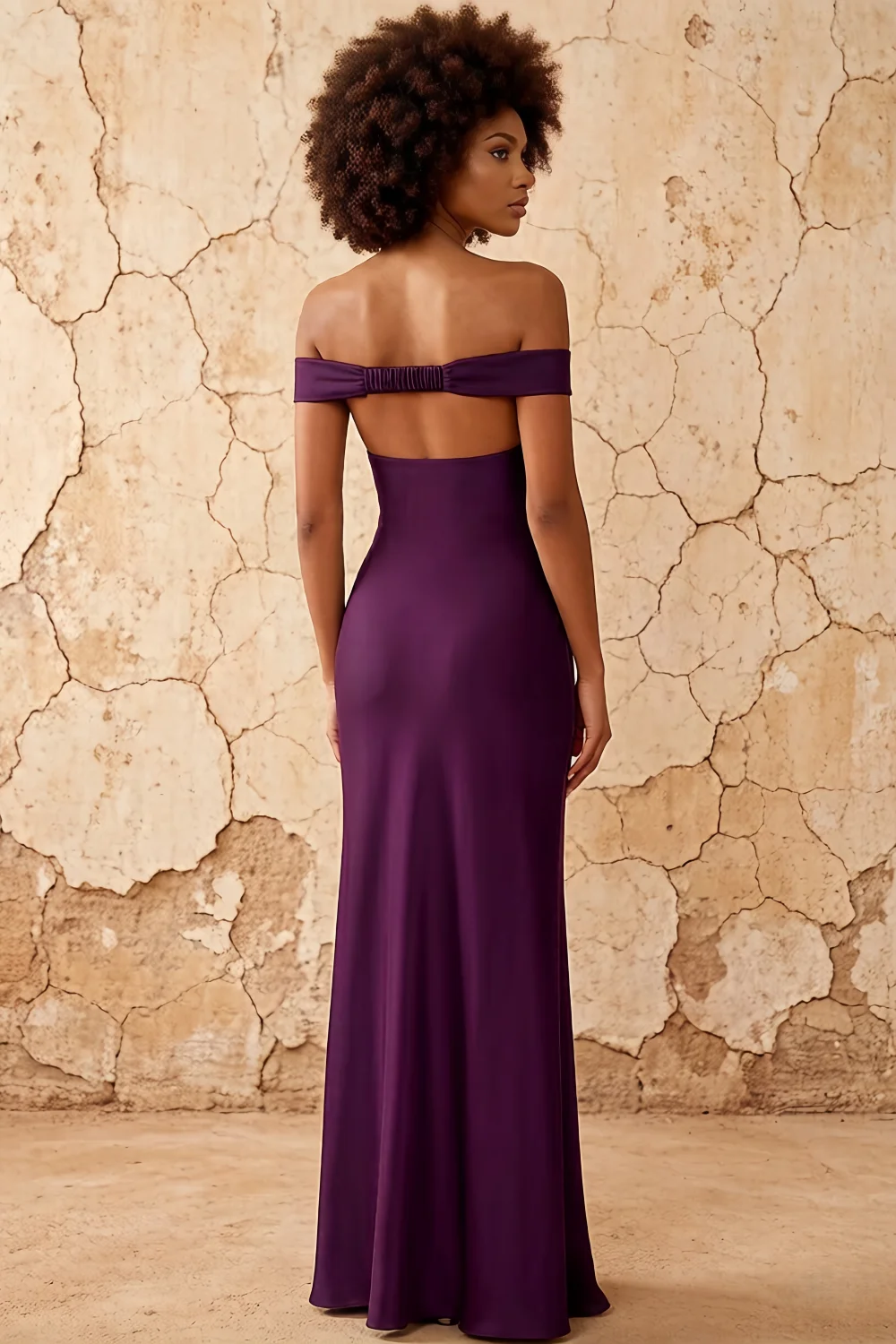 Marina Grape Satin Off The Shoulder Maxi Dress