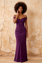 Marina Grape Satin Off The Shoulder Maxi Dress