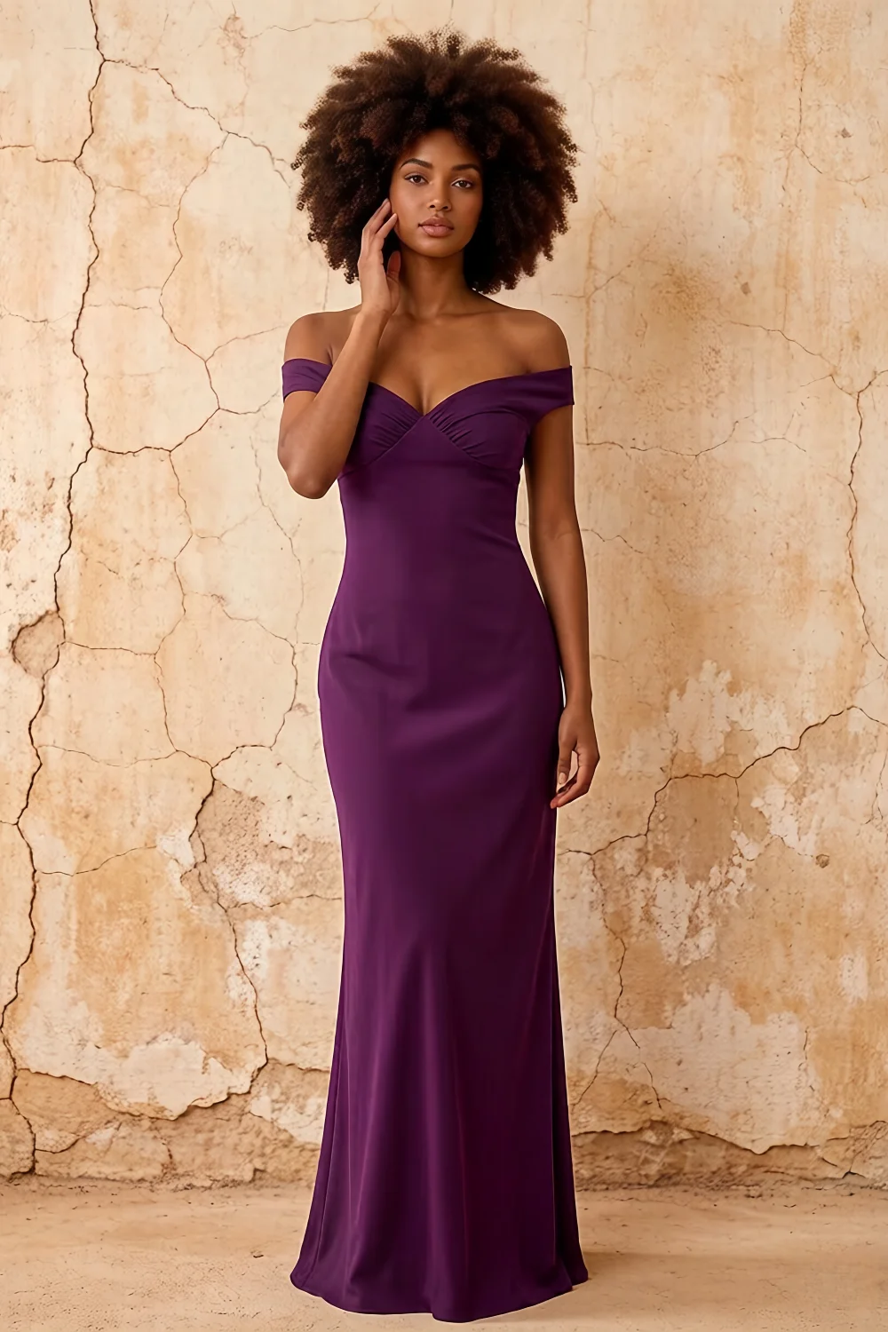 Vestido Largo Marina Color Uva Satén con Hombros Descubiertos