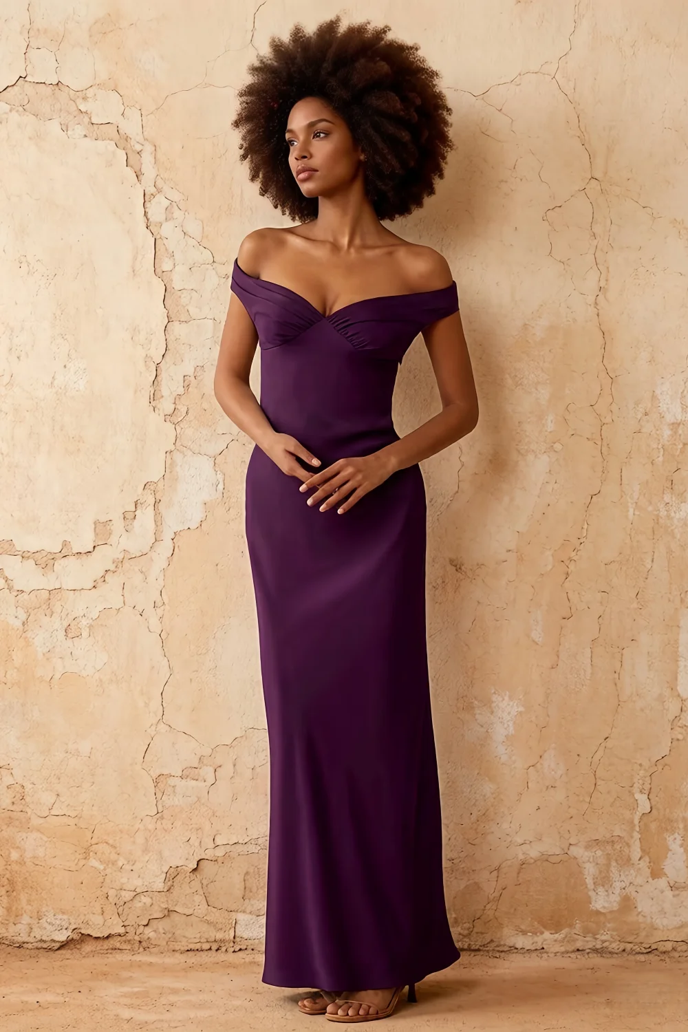 Marina Grape Satin Off The Shoulder Maxi Dress