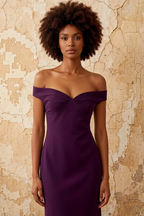 Marina Grape Satin Off The Shoulder Maxi Dress