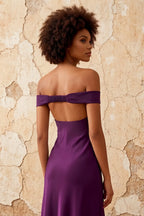 Marina Grape Satin Off The Shoulder Maxi Dress