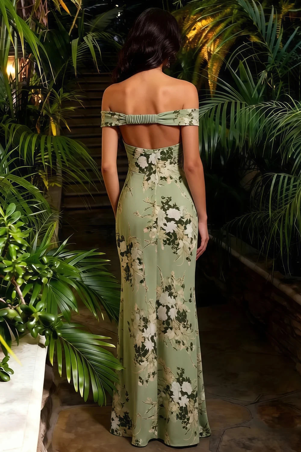 Marina Green Floral Off The Shoulder Maxi Dress