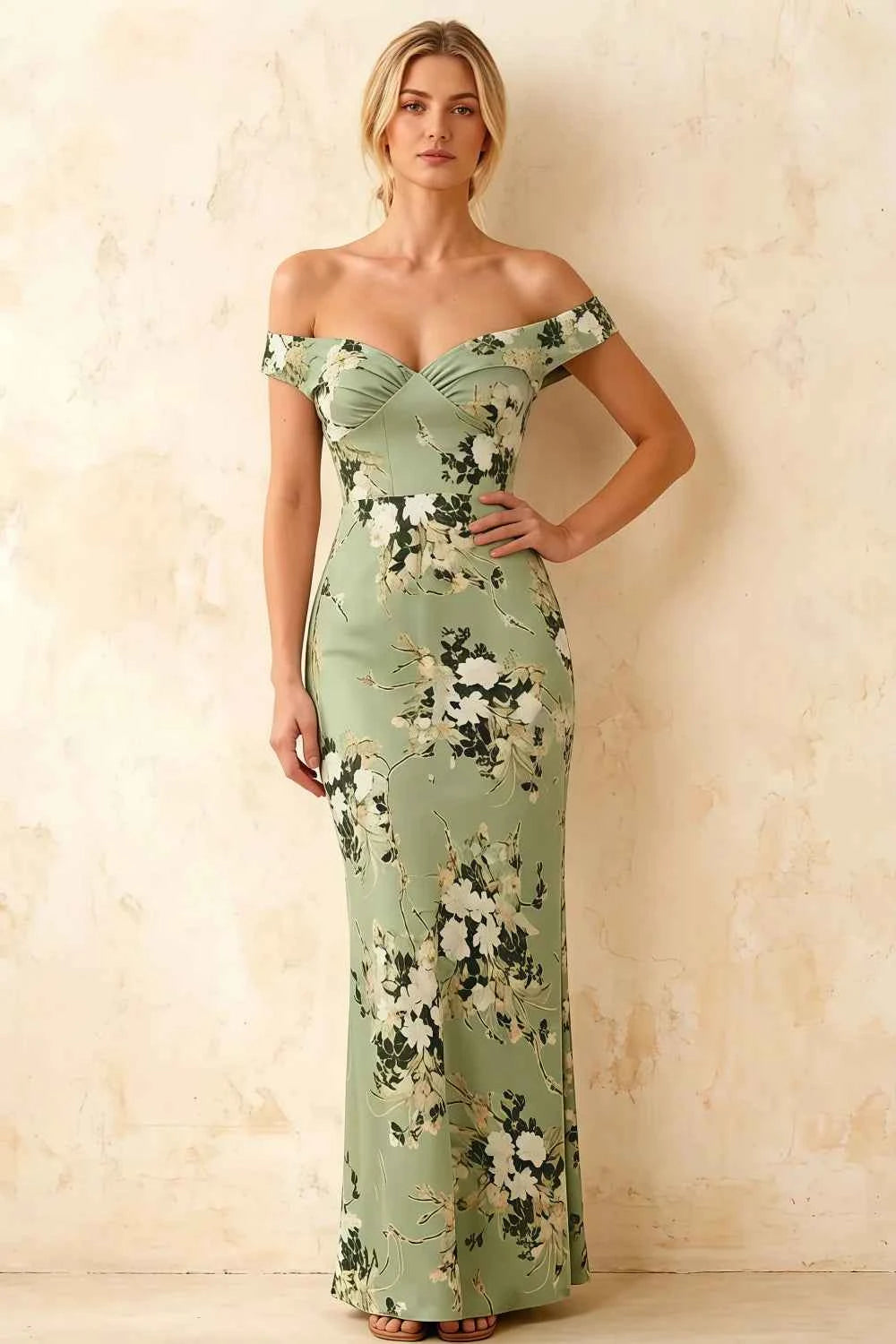 Marina Green Floral Off The Shoulder Maxi Dress