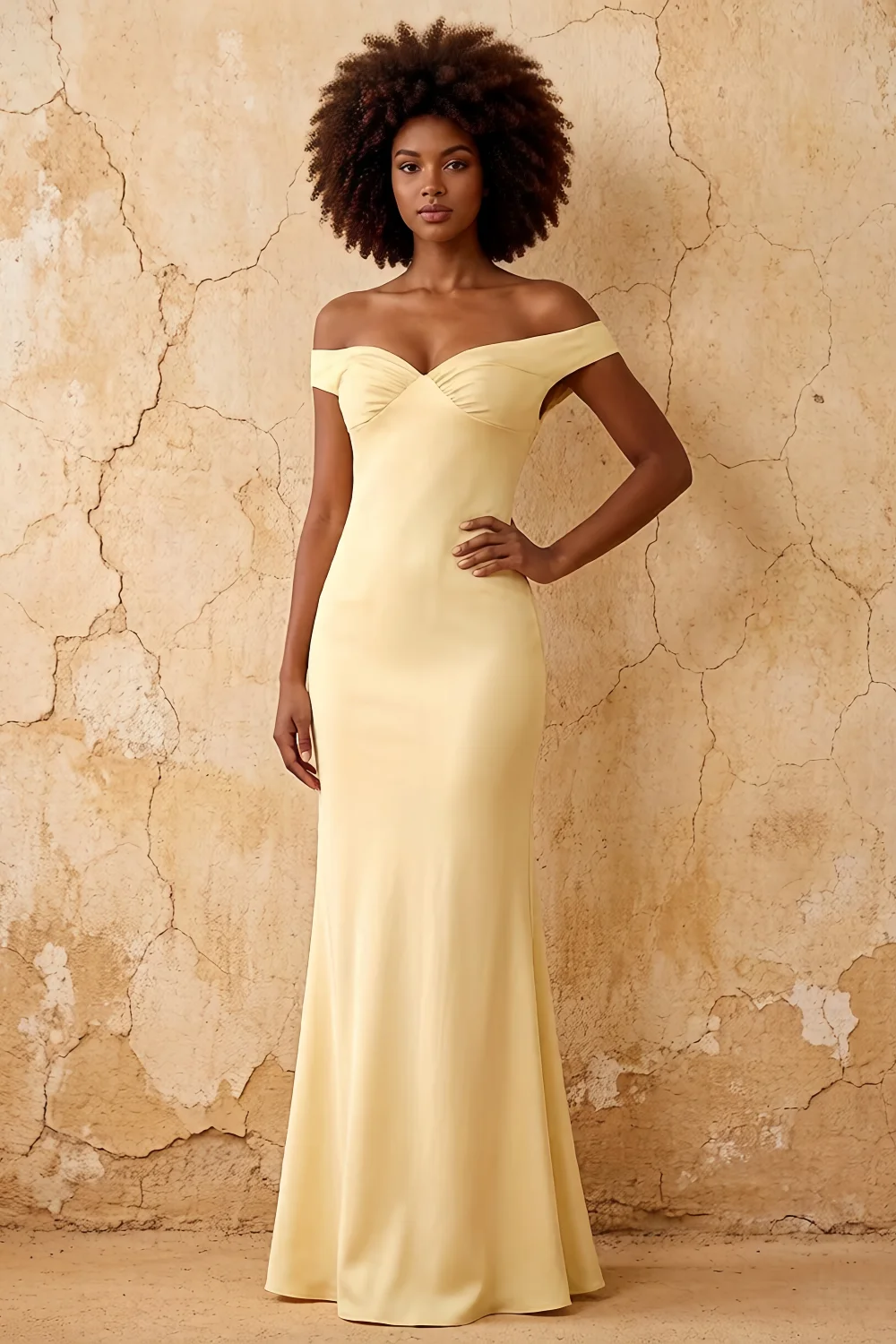 Marina Lemon Sorbet Satin Off The Shoulder Maxi Dress