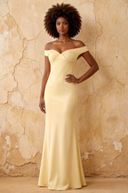 Marina Lemon Sorbet Satin Off The Shoulder Maxi Dress