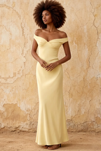Marina Lemon Sorbet Satin Off The Shoulder Maxi Dress