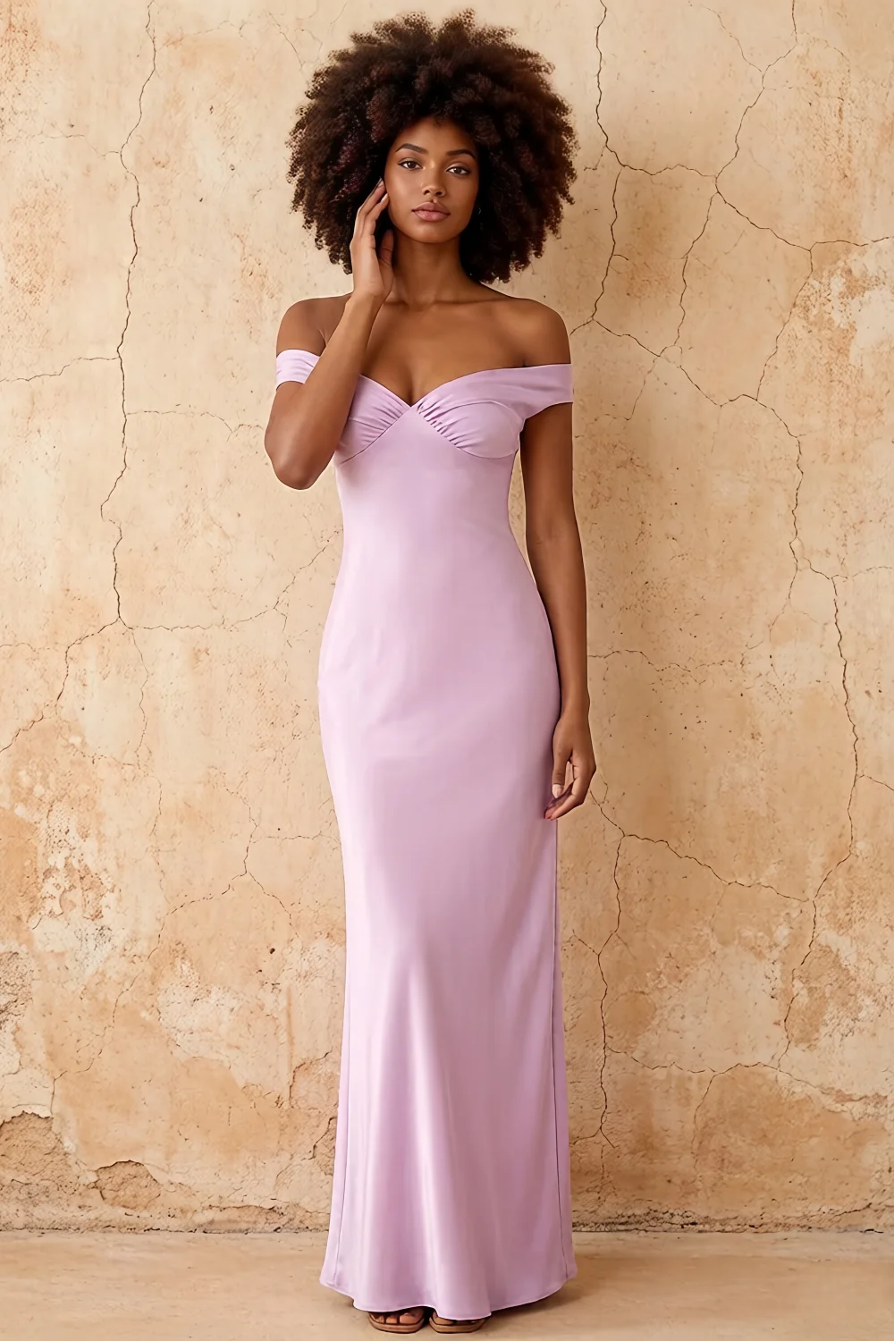 Marina Lilac Satin Off The Shoulder Maxi Dress