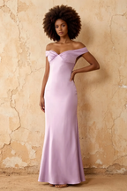 Marina Lilac Satin Off The Shoulder Maxi Dress