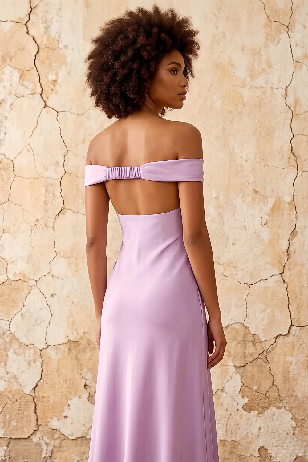 Vestido largo de satén lila de Marina con hombros descubiertos