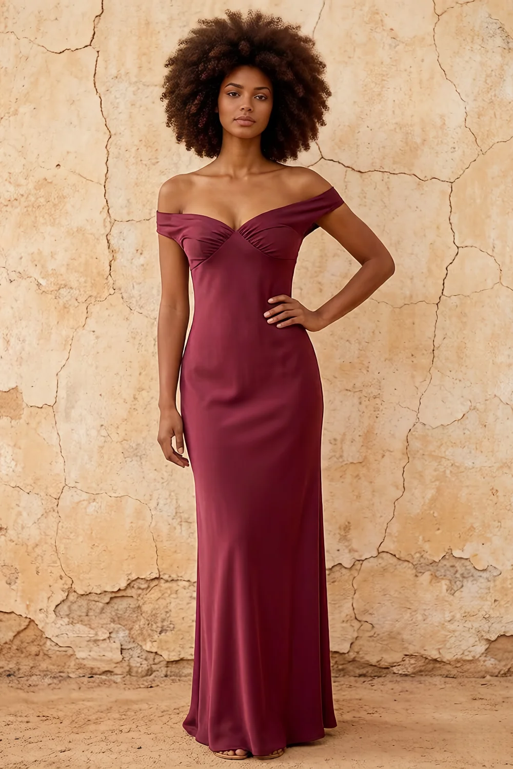 Marina Merlot Satin Off The Shoulder Maxi Dress
