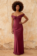 Marina Merlot Satin Off The Shoulder Maxi Dress
