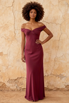 Marina Merlot Satin Off The Shoulder Maxi Dress