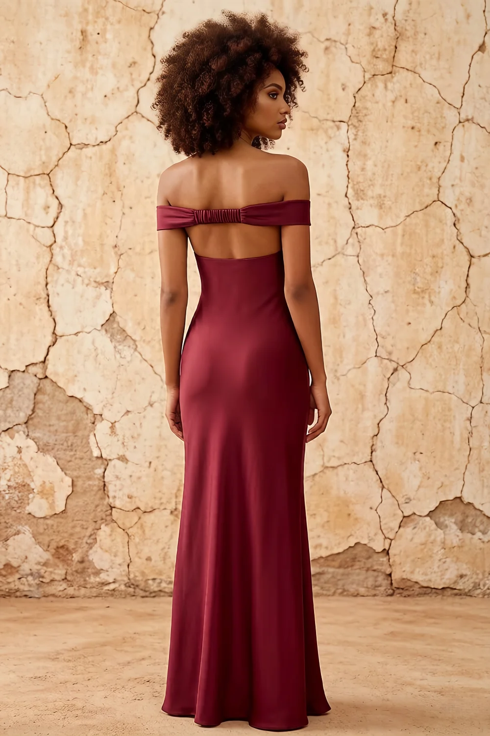 Marina Merlot Satin Off The Shoulder Maxi Dress
