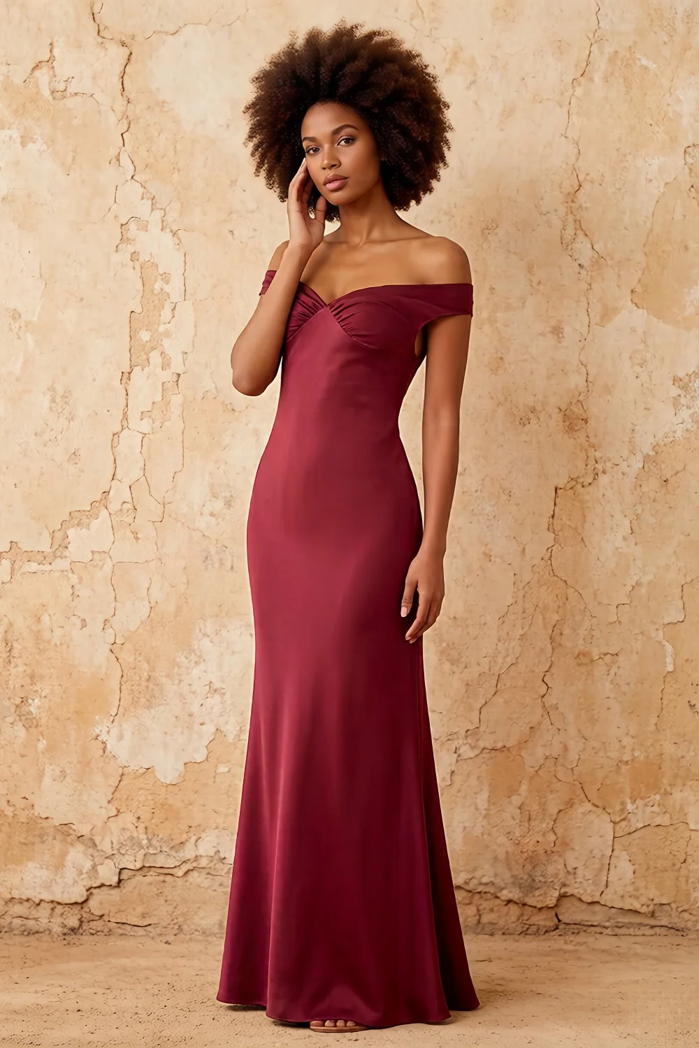 Marina Merlot Satin Off The Shoulder Maxi Dress