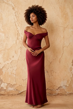 Marina Merlot Satin Off The Shoulder Maxi Dress