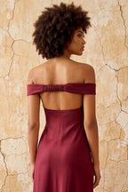 Marina Merlot Satin Off The Shoulder Maxi Dress