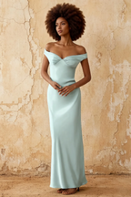 Marina Mist Satin Off The Shoulder Maxi Dress