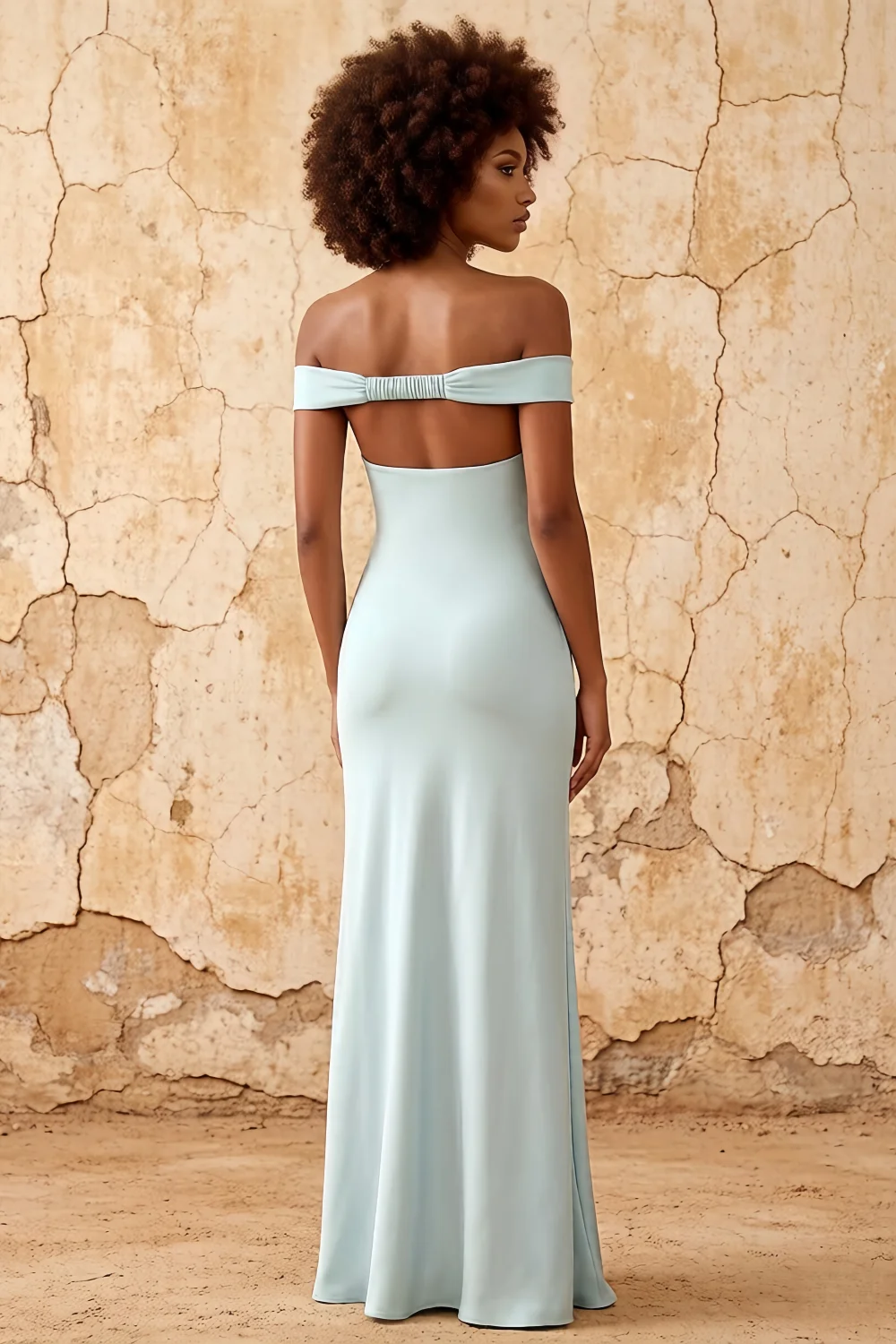 Marina Mist Satin Off The Shoulder Maxi Dress