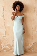 Marina Mist Satin Off The Shoulder Maxi Dress