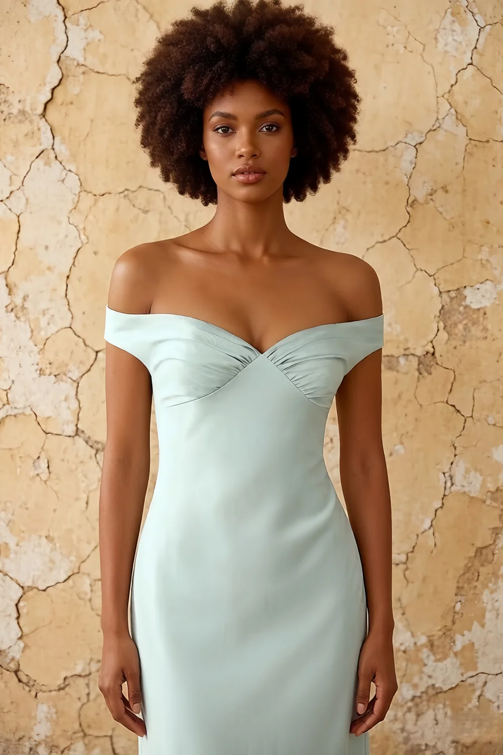 Marina Mist Satin Off The Shoulder Maxi Dress